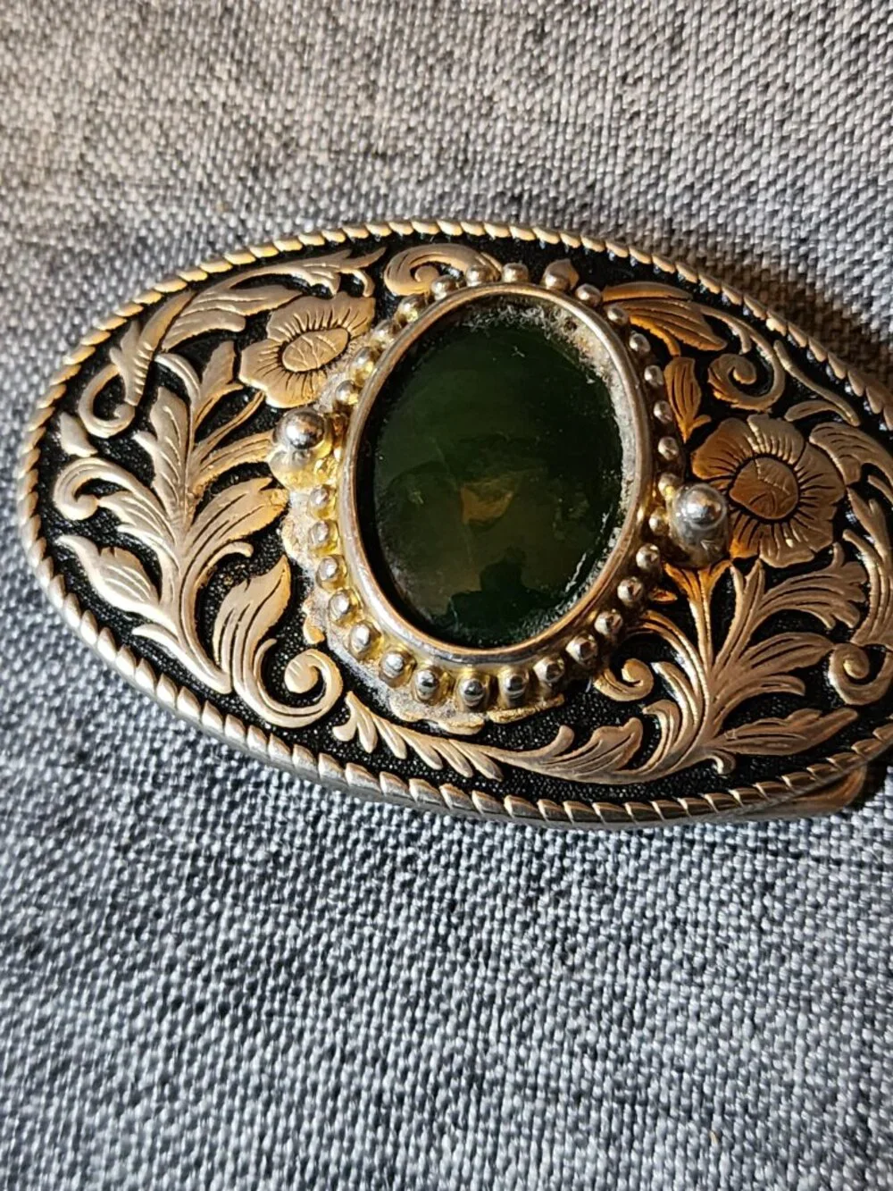 Vintage Western Style Engraved Floral Silver Metal With Green Stone Belt Buckle